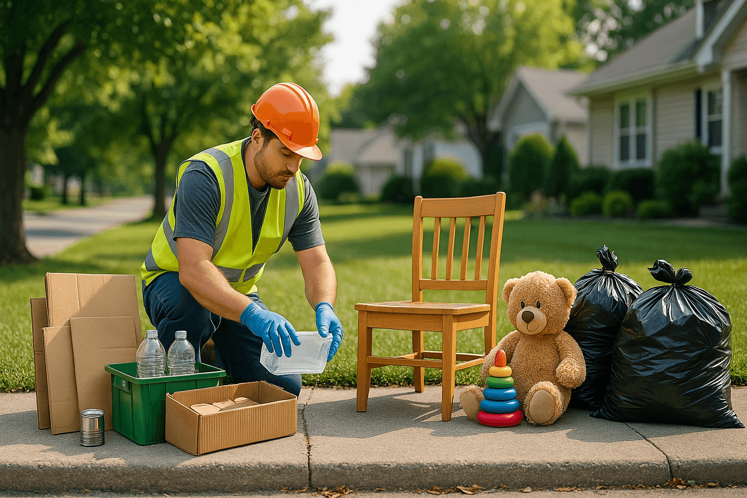 Technician sorting reusable and recyclable items during residential junk removal