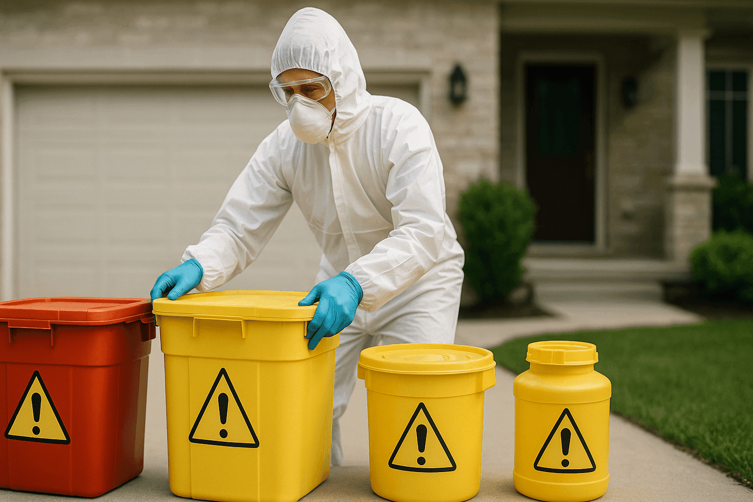 Technician using PPE to handle labeled hazardous waste containers at a home