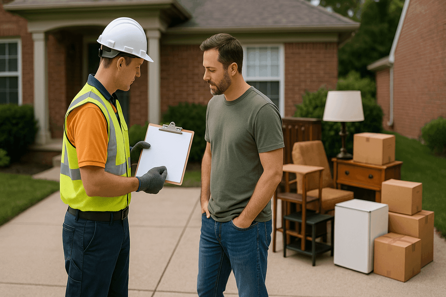 Technician providing junk removal cost estimate to homeowner at residential property