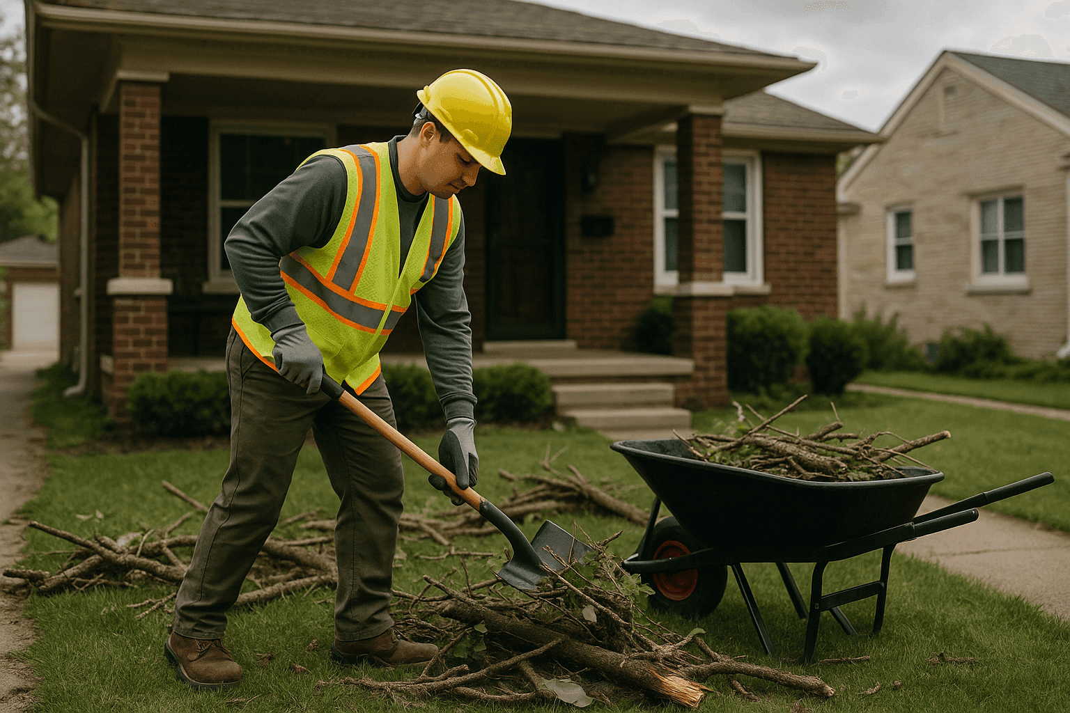 Technician in PPE clearing storm debris from a residential yard