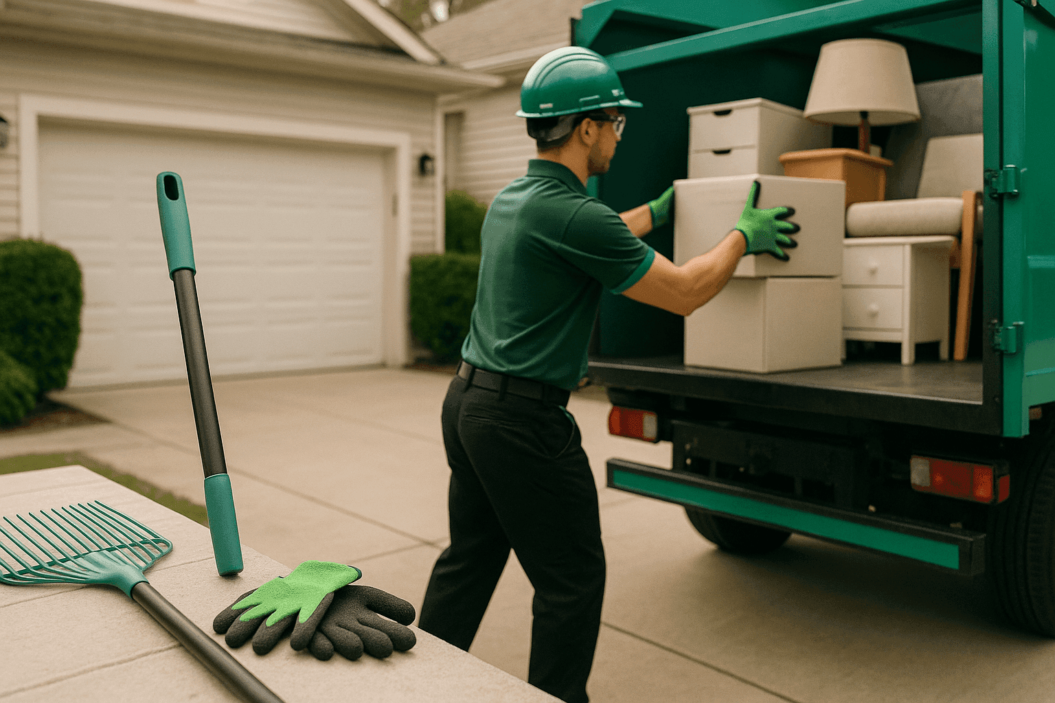 Professional junk removal worker in PPE loading household items into branded truck at clean driveway